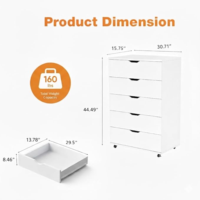 5 Drawer Wooden Storage Cabinet with Wheels Mobile Rolling File Cabinet Wood Dresser Chest for Home Office Bedroom or Living Room (White)