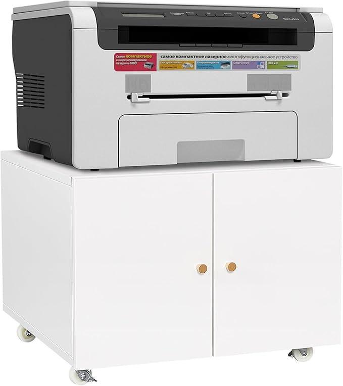 Printer Stand with Storage Cabinet with Wheels Metal Mobile Printer File Cabinet with Doors and Adjustable Shelf for Home Office Small Spaces (White 23.62''H)