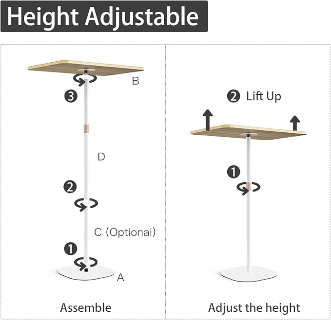 Small Laptop Standing Desk 18“H - 46”H Adjustable Height Pedestal Side Table with Wooden Top Portable Tall End Table Stand-Up Desk for Bedside Couch Sofa Living Room Bedroom Home Office White