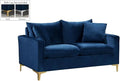 Meridian Furniture Naomi Collection Modern | Contemporary Navy Velvet Upholstered Loveseat with Stainless Steel Base in a Rich Gold or Chrome Finish
