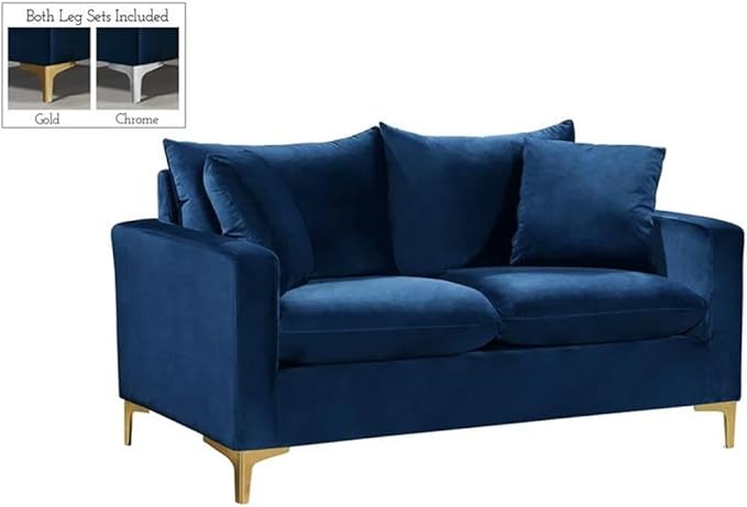 Meridian Furniture Naomi Collection Modern | Contemporary Navy Velvet Upholstered Loveseat with Stainless Steel Base in a Rich Gold or Chrome Finish