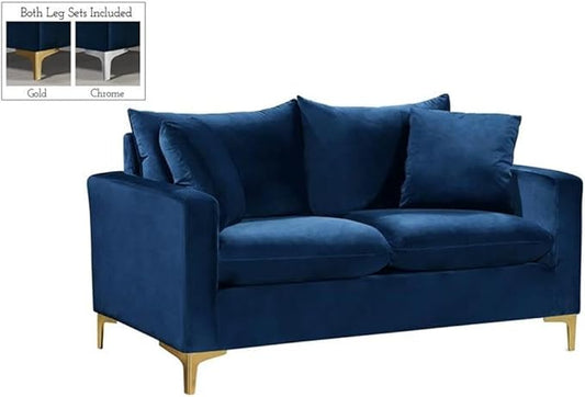 Meridian Furniture Naomi Collection Modern | Contemporary Navy Velvet Upholstered Loveseat with Stainless Steel Base in a Rich Gold or Chrome Finish