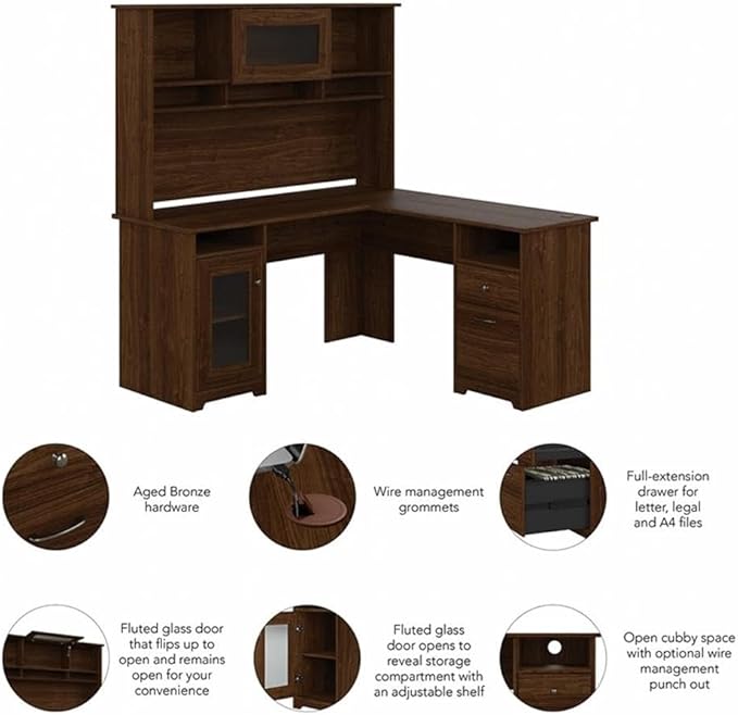 BOWERY HILL 60W L Shaped Computer Desk with Hutch Engineered Wood Walnut Finish Built-in Wire Management Storage Cabinet Adjustable Shelves File Drawer Home Office Desk