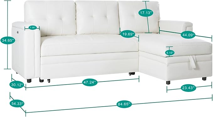 Naomi Home L-Shaped Sectional Sleeper Sofa with USB Ports - Convertible Pull-Out Bed Ample Storage Timeless Design Durable Construction White/Air Leather