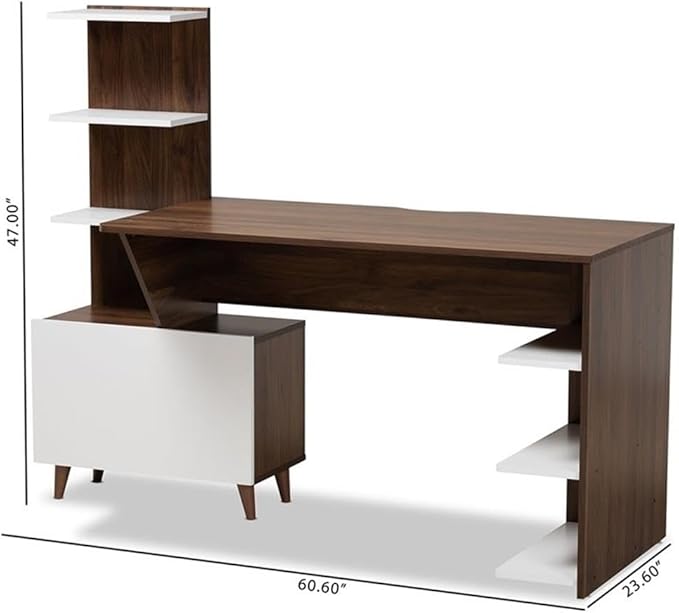 BOWERY HILL Storage Computer Desk 60.6 Wide Wood Construction White and Walnut Brown Finish 6 Shelves with Enclosed Compartment Mid-Century Style for Home Office or Workspace