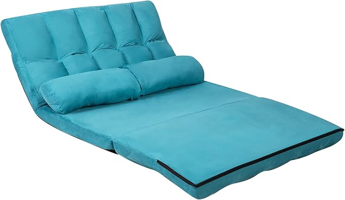 COSTWAY Floor Sofa Couch with 2 Pillows Foldable 6-Position Adjustable Lazy Sofa Bed Sleeper with Metal Frame Soft Suede Fabric Gaming Playing Lounge Recliner for Adults (Blue)