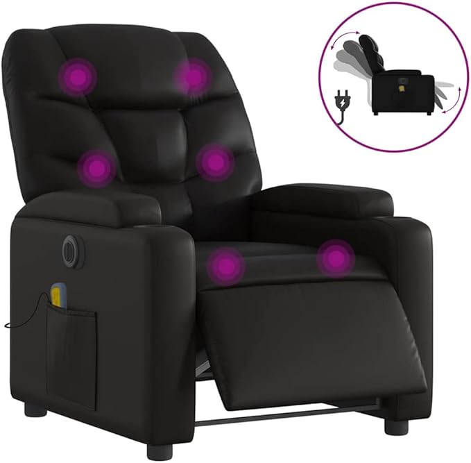Electric Massage Recliner Chair Black Faux Leather 6-Point Vibration USB Power Adjustable Reclining Sofa for Living Room Comfortable Reading Lounge