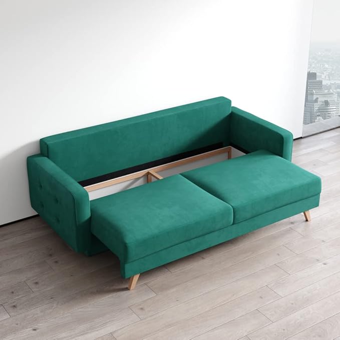 Meble Furniture Modern Mid-Century Sleeper Sofa — Queen Size Convertible Bed — Spacious Under-Seat Storage 85.5 x 36.5 x 34.5 inches — Dark Green | Versatile Sleeper Durable Hardwood Comfortable Pl