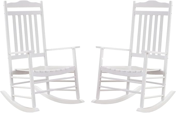 Outdoor Patio Wooden Rocking Chairs Set 2 Piece Furniture Comfy Rockers for Adults Porch Lawn Room Outside Indoor White