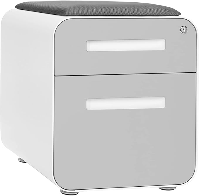 Laura Davidson Furniture STOCKPILE Mini Seated 2 Drawer Mobile File Cabinet with Removable Magnetic Cushion Seat - Short Version Metal Filing Cabinet Pre-Assembled Light Grey Face with Grey Cushion