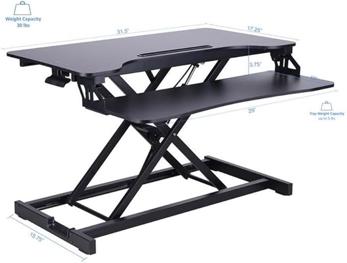 Pemberly Row Standing Desk Converter Adjustable Height Riser Black MDF Surface 31.5 x 16.4 Desktop Includes Dual Monitor Arm &amp Tablet Holder Ergonomic Keyboard Tray Home Office Use