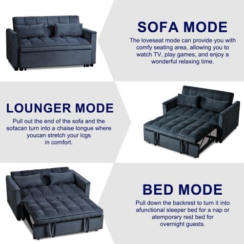 Modern Velvet Sofa Bed with 3-Level Adjustable Backrest &amp Included Pillows Pull Out Convertible Sleeper Chair with High Density Foam for Small Spaces (Black)