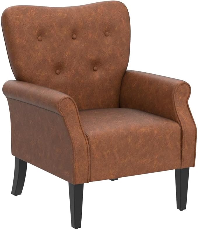 Yaheetech Modern Armchair Mid Century PU Leather Accent Chair with Sturdy Wood Legs and High Back for Small Space Upholstered Club Sofa for Living Room/Bedroom Set of 2 Retro Brown