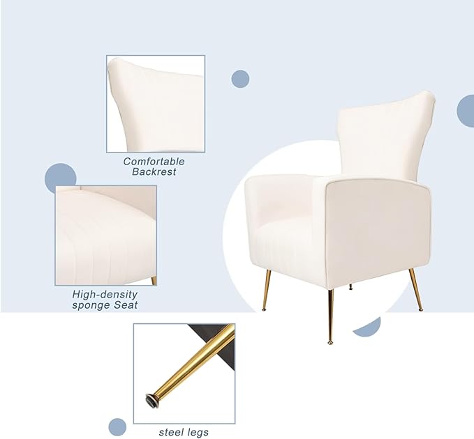 Velvet Accent Chair Wingback Arm Chair with Gold Legs Upholstered Single Sofa for Living Room Bedroom White