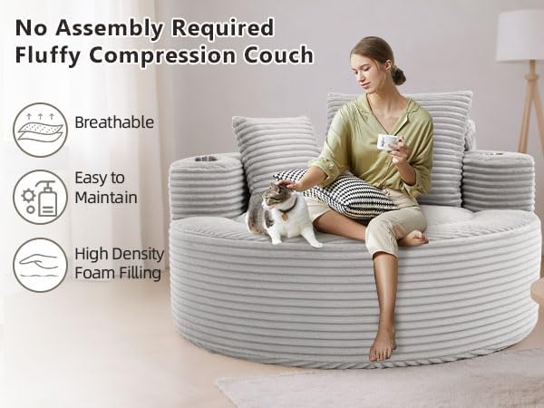 55 Oversized Round Boneless Couch Sofa Velvet Memory Foam Cloud Couches Lounge Chair Comfy Fluffy Single Sofa with 3 Pillows for Living Room Bedroom No Assembly Required (Grey.)