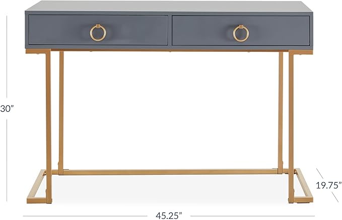 BELLEZE Modern 45 Inch Makeup Vanity Dressing Table or Home Office Computer Laptop Writing Desk with Two Storage Drawers Wood Top and Gold Metal Frame - Chelsea (Gray)