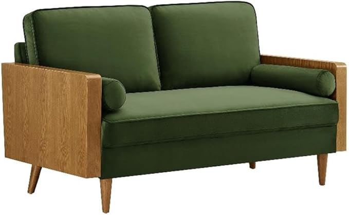 MAKLAINE Contemporary Vegan Leather Upholstered Loveseat Walnut Moss Green Finish Wood Veneer Armrests High-Density Foam Down Blend Cushions Tapered Wood Legs Mid Century Style for Living Room
