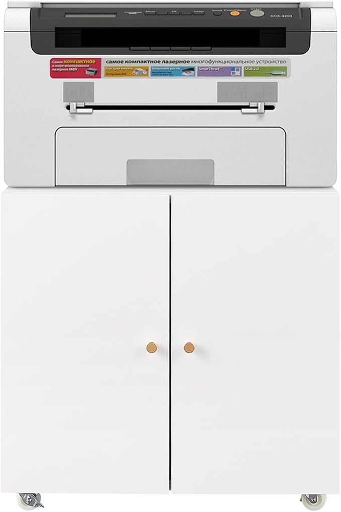 Printer Stand with Storage Cabinet with Wheels Metal Mobile Printer File Cabinet with Doors and Adjustable Shelf for Home Office Small Spaces (White 23.62''H)