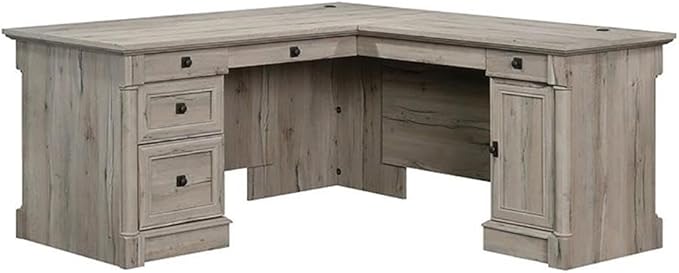Pemberly Row 65 x 69 Contemporary Engineered Wood L-Shaped Desk with Storage Drawers Flip-Down Panel Grommet Holes for Home Office/Workspace in Split Oak Finish