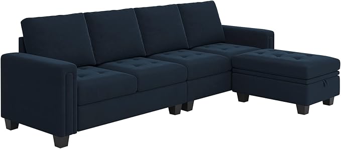 Belffin Velvet Reversible Sectional Sofa with Chaise Convertible L Shaped 4-seat Sectional Couch with Storage Ottoman Blue