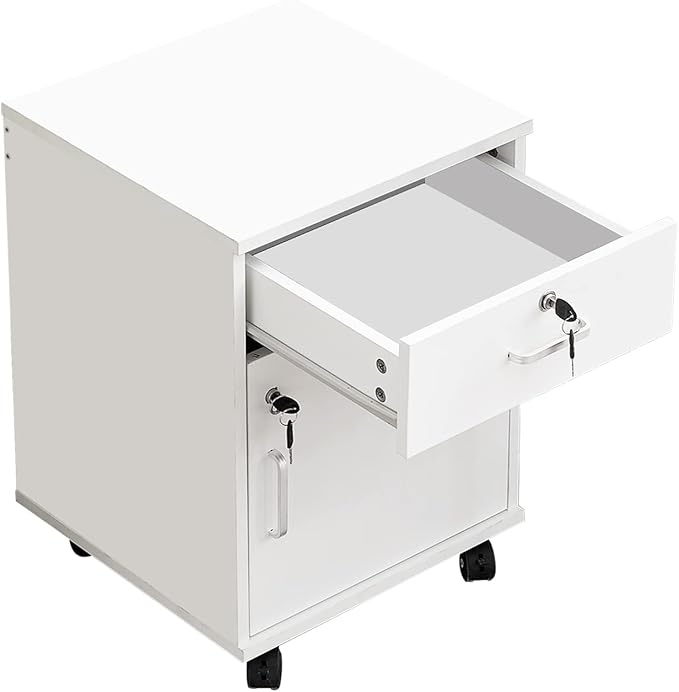 Mobile 2 Drawer File Cabinet with Lock Wooden Under Desk Filing Cabinet with Wheels Small Rolling Storage Cabinet for Home Office Organizer A4/Letter Size/Legal White