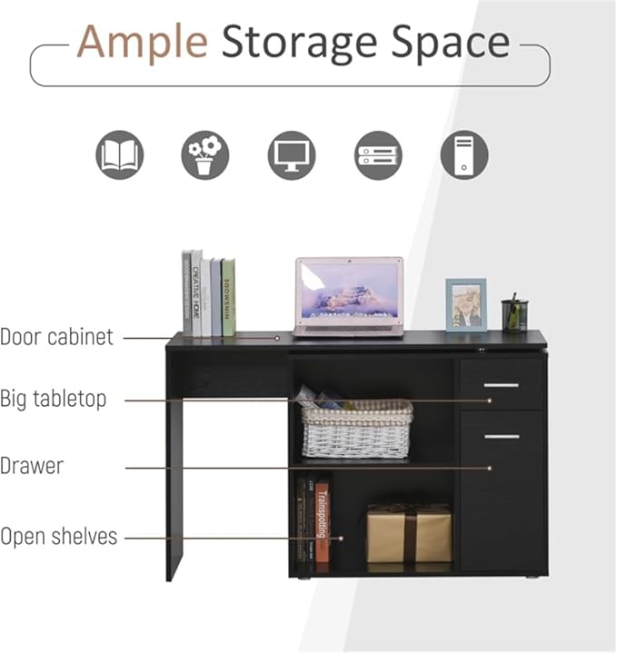 Home Office Computer Desk Corner Desk with 2 Drawers and 2 Shelves 46 Inch Large L-Shaped Study Writing Table with Storage Cabinet - Black