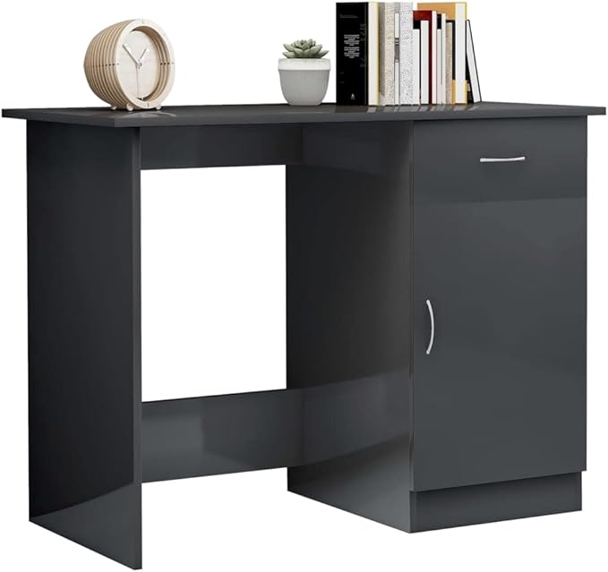 Modern Writing Computer Desk with a Drawer and a Door Home Office Desk Writing Study Table PC Desk Workstation for Bedroom High Gloss Gray 39.4x19.7x29.9 Engineered Wood(E)