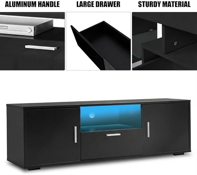Modern TV Stand for 55 Inch TV – Black Entertainment Center with LED Lights &amp Spacious Storage Cabinets Sturdy Media Console for Family Living Room or Bedroom