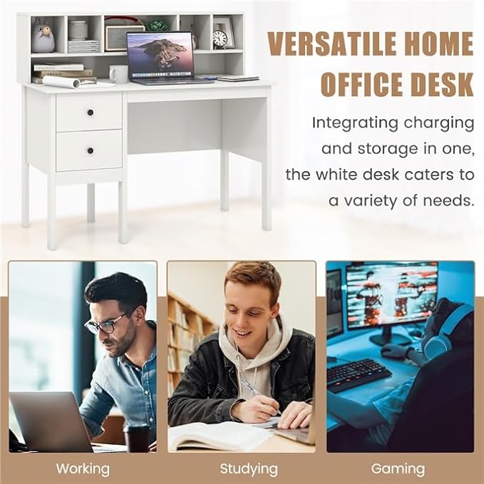 LDAILY Modern Home Office Desk with Hutch Office Desk with USB Charging Ports and Power Outlets Computer Desk with 5 Storage Cubbies and 2 Drawers Writing Study Desk for Bedroom (White)