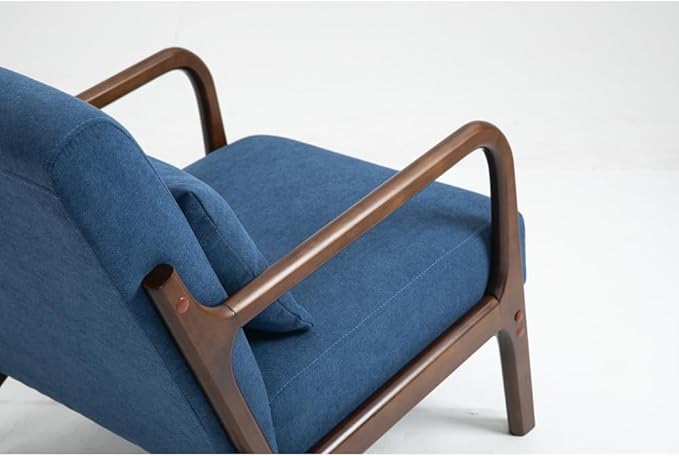 Mid Century Modern Accent Chair with Wood Frame Upholstered Living Room Chairs with Waist Cushion Reading Armchair for Bedroom Sunroom (Blue + Velvet + Cotton)