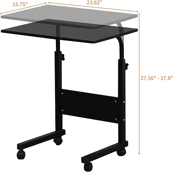 Karl home Small Side Mobile Table 23.6 inch Computer Desk with Wheels Height Adjustable Rolling Potable Laptop Cart C-Shaped Bed Couch End Tables with Edge Stopper for Living Room Bedroom Black