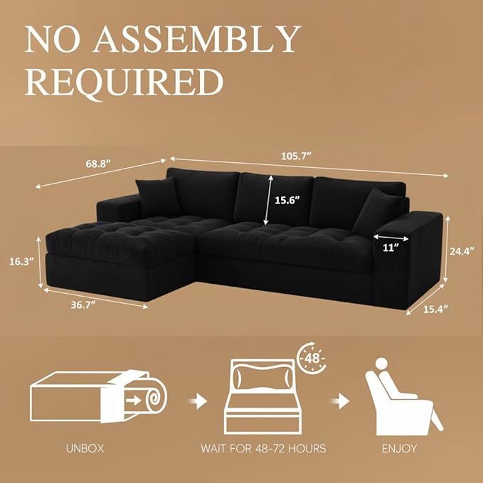 NAYA 106” Modular Sectional Sofa Cloud Sectional Couch with Deep Seat Modern Modular L-Shape Sofa Boneless Couch with Chaise for Living Room Bedroom (Black Left Facing Chaise)