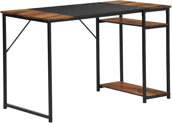 FurnitureR 47.2 inch Study Writing Table with Storage Shelves Space Saving for Home Office Modern Simple Style PC Metal Frame Computer Desk Black&ampBrown