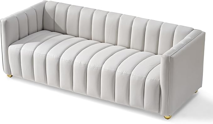 Direct Glam Fabric Upholstered Solid Wood Frame 82.7 Art Deco Sofa for Living Room Office Sophisticated 3 Seater Couch Ivory