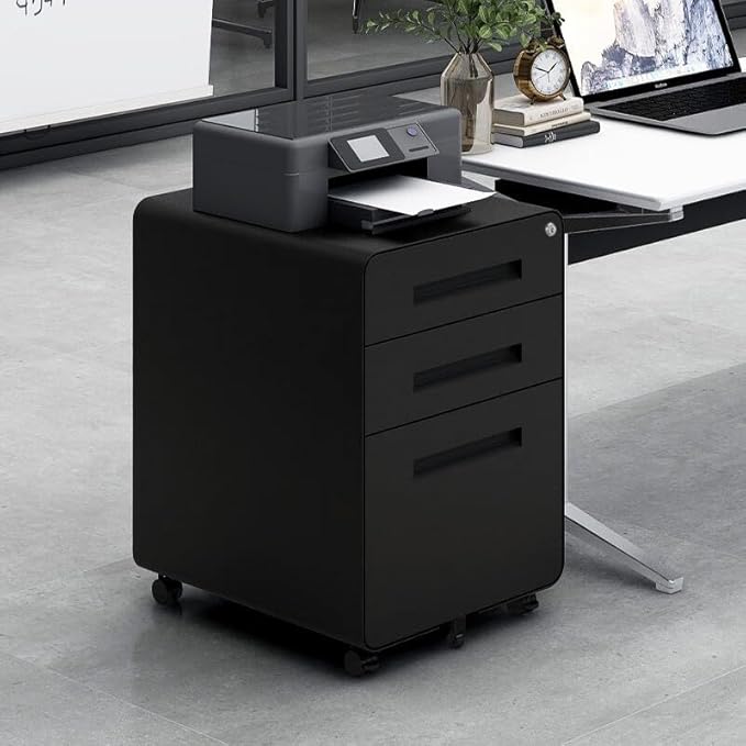 3 Drawer Mobile File Cabinet with Lock Under Desk Metal Filing Cabinet for Home Office Assembled Removable Under Desk Storage with Wheels for A4-Size/Letter-Size/Legal-Size (Black)