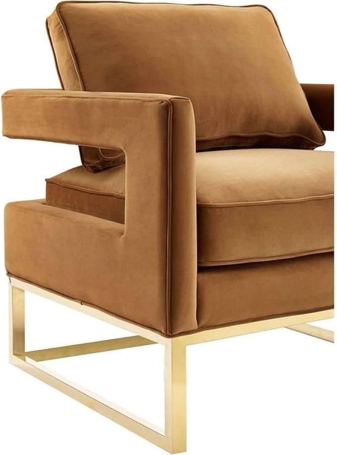 TOV Furniture The Avery Collection Modern Style Living Room Den Leather Upholstered Armchair with Gold Legs Cognac