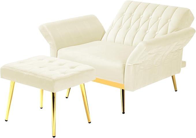 Velvet Accent Chair with Adjustable Backrest and Armrests Single Recliner Armchair with Ottoman and Golden Mental Legs for Living Room Bedroom and Waiting Room Beige