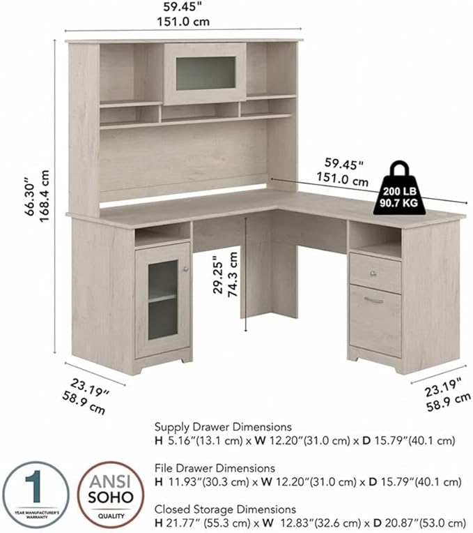BOWERY HILL Wood L Shaped Computer Desk with Hutch Linen White Oak Finish 60W Wire Management Storage Cabinet File Drawer Adjustable Shelf Fluted Glass Door Home Office Desk and Organizer