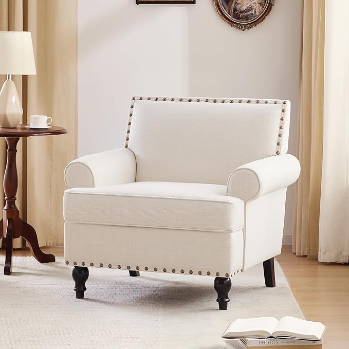 Accent Chair Retro Living Room Chairs with Soft Cushion Mid Century Modern Arm Chair Comfy Upholstered Reading Sofa Chair Beige