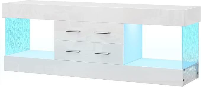 Bestier Modern 60 Inch TV Stand for 65/60/55+ TV High Gloss White Entertainment Center with 2 Drawers &amp LED Lights Stone-Pattern Side Panels TV Consoles for Living Room Bedroom
