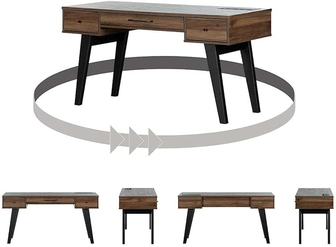 Pemberly Row Computer Desk with Power Bar Natural Walnut Finish Melamine Top Scratch and Water Resistant Scandinavian Style Home Office Desk with Deep Drawers and USB Outlets
