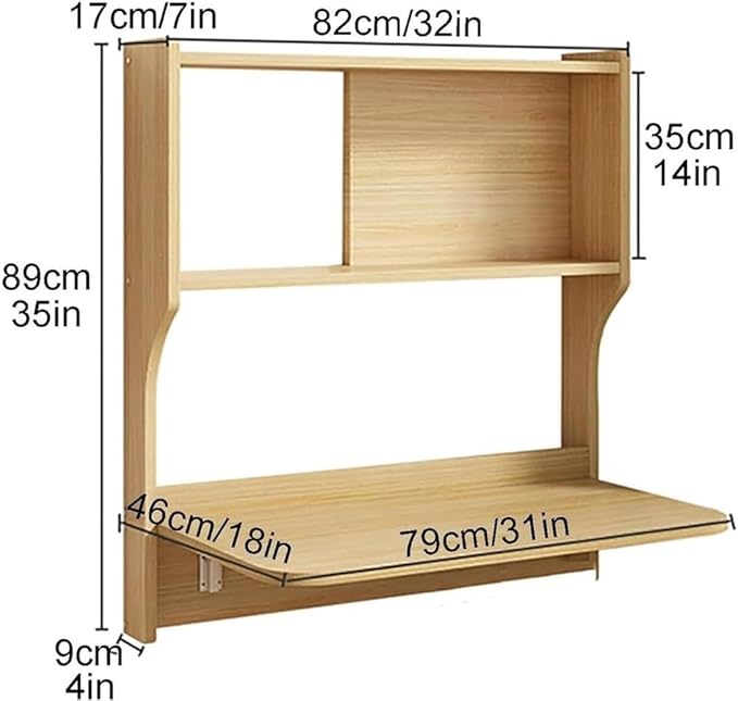 Wall Mounted Folding Table Floating Desk for Wall with Storage Shelves Space Saving Wall Desk Fold Down for Home Office Bedroom(Brown)