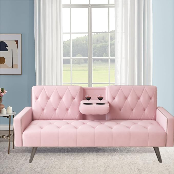 72 Pink Velvet Futon Couch Living Room Couch Bed Convertible Sleeper Sofa Bed with Cup Holder for Bedroom Guest Bed 2 Seater Reclining Sofas Couches with Nailhead Trim for Small Space (Pink)