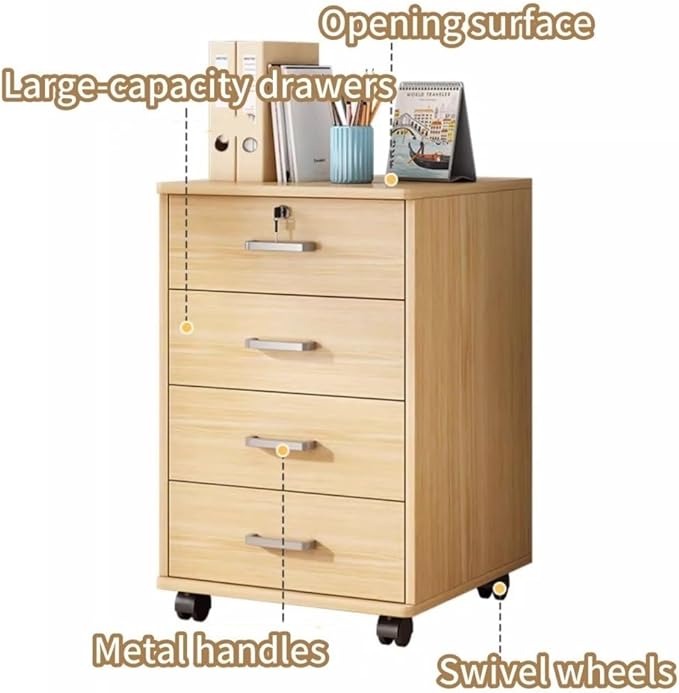 Mobile File Cabinet Wooden Low Desk Drawer with Four Drawers Lockable Storage Cabinet with Removable Wheels Multifunctional Locking Cabinet for Office(Brown)