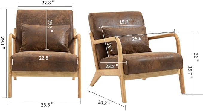 Mid Century Modern Accent Chair with Wood Frame Upholstered Living Room Chairs with Waist Cushion Reading Armchair for Bedroom Sunroom (Brown + Fabric + Cotton)