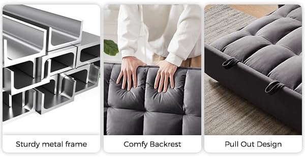 KEIKI 51.2 3-in-1 Convertible Sleeper Sofa Bed Pull-Out Futon Couch with Adjustable Back Side Pockets &amp Roller Legs Velvet Loveseat for Living Room or Bedroom Dark Gray