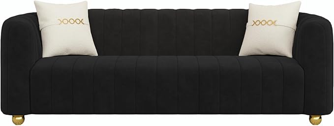 83 Black Velvet Couch Modern Sofas for Living Room Velvet Sofa 3 Seater Solid Wood Frame with Gold Metal Legs and Two Pillows Comfy Black Gold Sofa