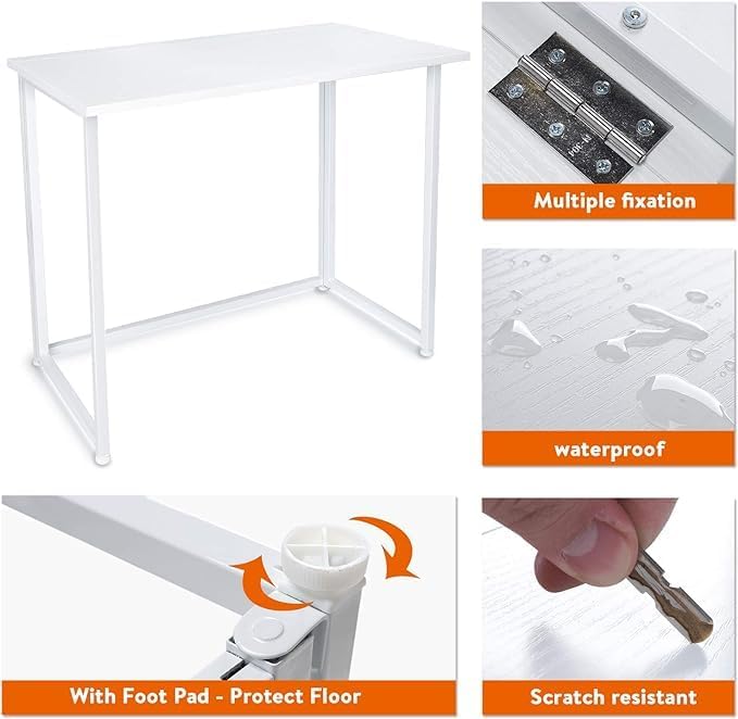 Folding Computer Desk for Small Spaces No-Assembly Space-Saving Home Office Desk Foldable Computer Table Laptop Table Writing Desk Compact Study Reading Table (White)