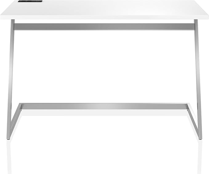 24/7 Shop at Home Andree Industrial Metal Writing Desk with USB Port Power Outlet for Workstation Home Office Study Room Gloss White and Chrome