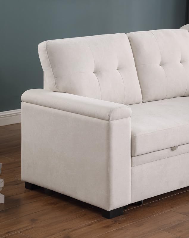 Lilola Home Convertible Sectional Sleeper Sofa Bed 85 Inch L Shaped Couch with Pull Out Bed Storage Chaise Removable Back Cushions for Living Room Office Woven Fabric Beige